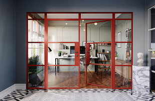 Origin Global OI-30 internal doors with sidelight and toplights in red